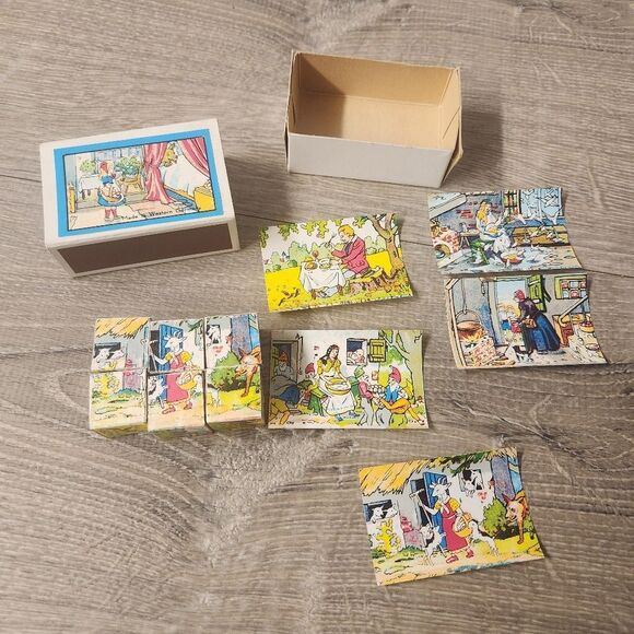 Vintage Hermann Eichhorn Fairy Tales Wooden Puzzle Blocks with Box West Germany - Picture 3 of 6